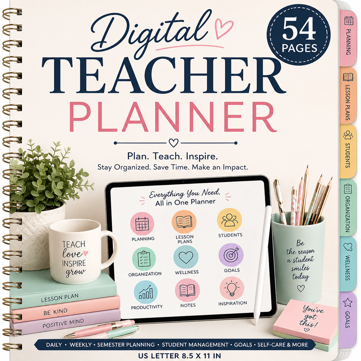 Fully Hyperlinked Digital PDF, Teacher Organization, Lesson Planning, Classroom Management, Daily, Weekly and Semester Planning, US Letter 8.5 × 11 in