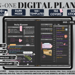 Dark Mode All-In-One Digital Planner, Landscape Version (2025, 2026, 2027)