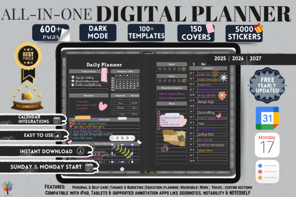 Dark Mode All-In-One Digital Planner, Landscape Version (2025, 2026, 2027)